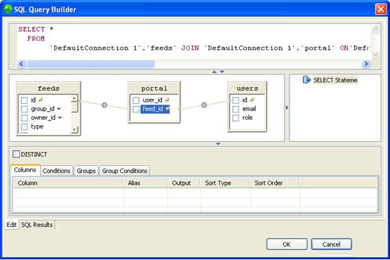Zend Studio for Eclipse User Guide Figure 117 - SQL Query Builder vi. Your query will be automatically built and displayed in the top pane. vii. Once you have built your query, click OK.