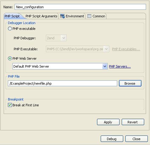 Using the Debugger A Debug dialog will open. 4. Double-click the PHP Script option to create a new debug configuration. Figure 128 - New Debug Configuration 5. Enter a name for the new configuration.