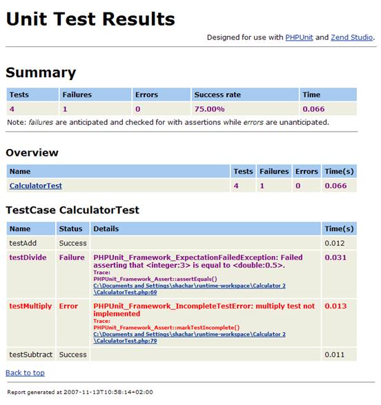Zend Studio for Eclipse User Guide Figure 150 - Unit Test Results Report Note: Reports will be generated in the location