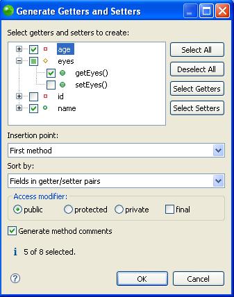 Zend Studio for Eclipse User Guide 4. Select: Figure 158 - Generate getters and Setters dialog Which variables getter and setter functions should be created for.