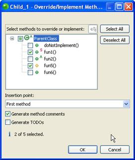 Overriding / Implementing Methods Figure 160 - Override / Implement Method dialog 3. Select the elements which you would like to override or implement by marking the checkbox next to the element. 4.
