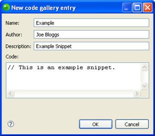 Using Code Galleries Creating and Editing Code Gallery Entries This procedure describes how to create a new code snippet and add it to your User Code Gallery so that you can quickly and easily insert