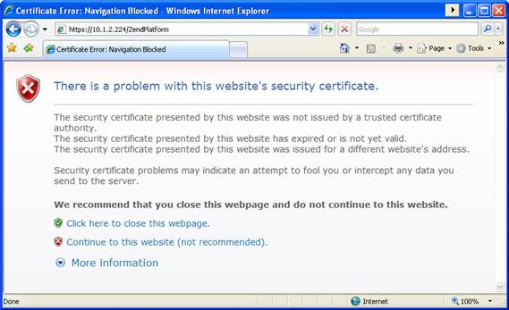 Integrating with Zend Platform Troubleshooting Platform Integration on an HTTPS Server When Zend Platform is installed on an HTTPS server which has a problem with its security certificate, Studio