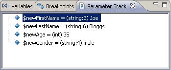 Zend Studio for Eclipse User Guide Parameter Stack View The Parameter Stack view displays the parameters executed when stepping into a function during the debugging process.