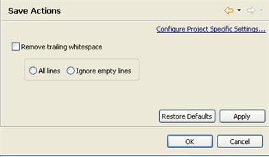 Zend Studio for Eclipse User Guide Save Actions Preferences The Save Actions Preferences page lets you remove trailing whitespace from a file each time you save it.