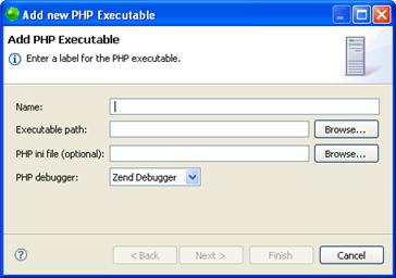 Zend Studio for Eclipse User Guide Figure 255 - Add PHP executable dialog 2. Enter a name for the PHP Executable. 3.