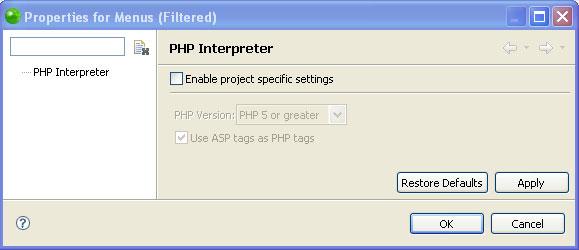 Zend Studio for Eclipse User Guide Figure 257 - PHP Interpreter Project Specific settings 4. Mark the Enable project specific settings checkbox. 5. Choose your PHP version. 6. Click Apply. 7.