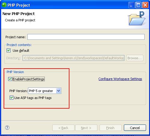 PHP Support Figure 24 - New Project Settings The default PHP executable used with the debugger can be set in the Debugging Preferences page, accessed from Window Preferences PHP Debug.