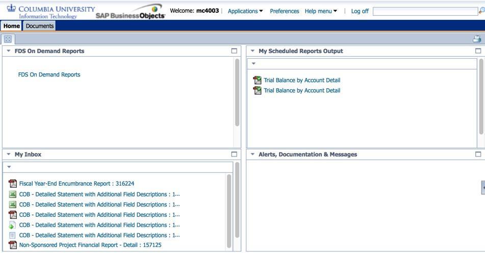 The Business Objects LaunchPad The LaunchPad is divided into four quadrants, as follows: FDS On Demand Reports single click to access My Scheduled Reports Output shows any report that you have