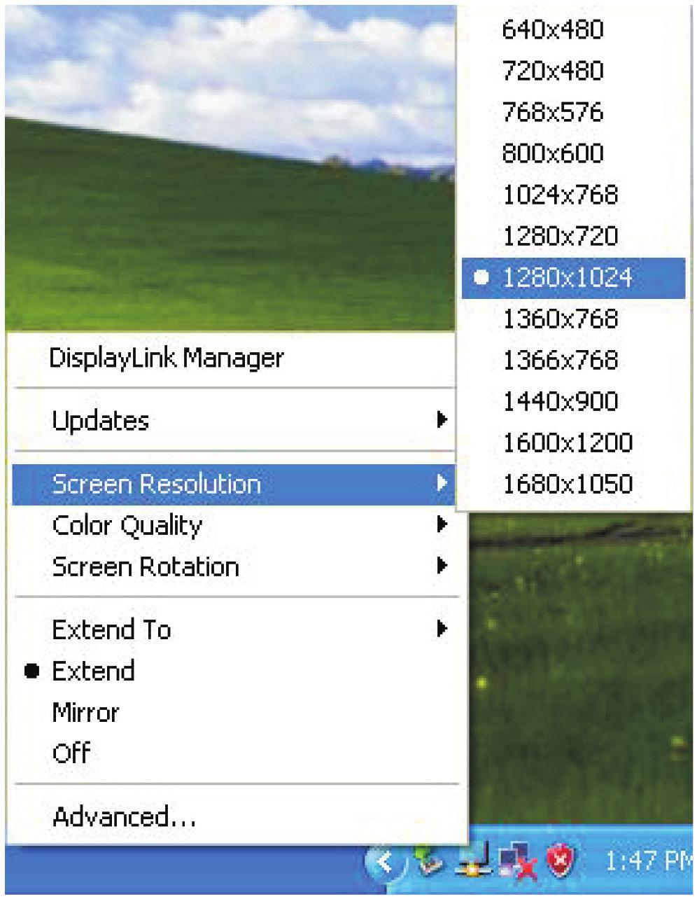 The utility allows you to quickly change the settings and resolution for DisplayLink Manager. Right-clicking the icon will launch its context menu.