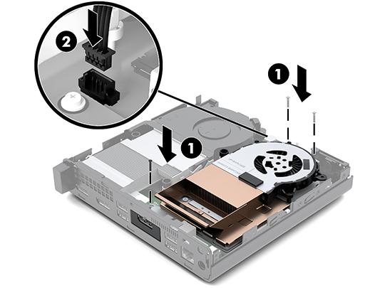 Set the DGPU into the chassis and secure it to the system board with three screws: two screws at the fan end of the DGPU and one screw at the inner