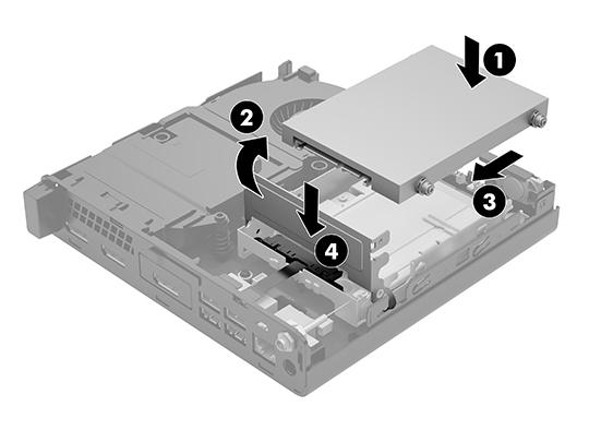 Align the hard drive guide screws with the slots on the hard drive cage, press the hard drive down into the cage, and then slide it forward until it stops and locks into place (1). 3.