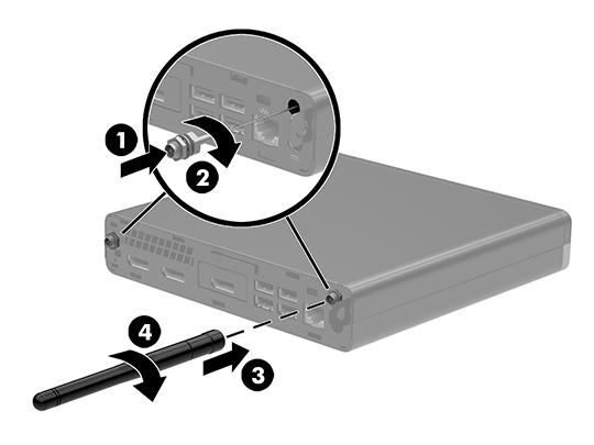 13. Connect the external antenna (3) and screw into place (4). 14. If your model is an EliteDesk 800 95W, replace the fan assembly. a. Set the fan assembly in place (1). b.