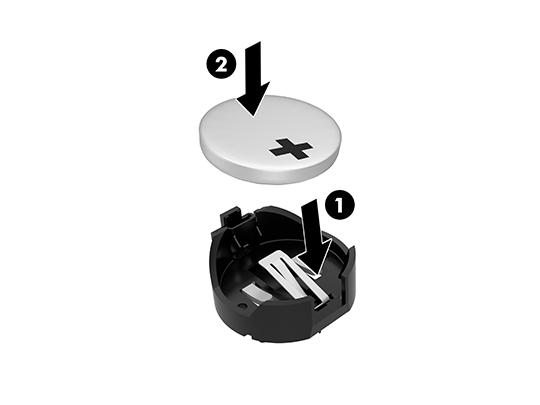 8. To release the battery from its holder, squeeze the metal clamp that extends above one edge of the battery (1). When the battery pops up, lift it out (2). 9.