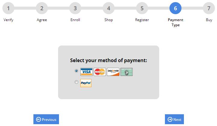 7. Select your method of payment either a credit card (or debit card that can also be used as a credit card) or a PayPal account. Click Next.