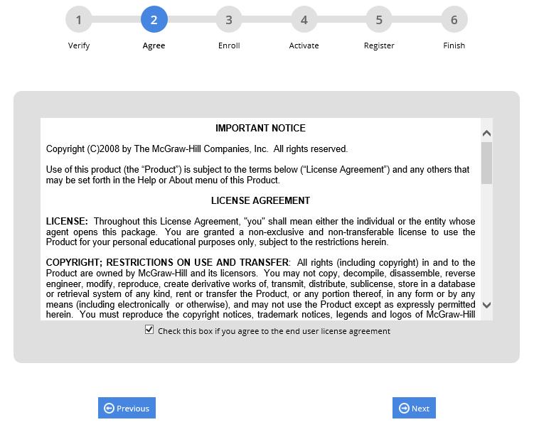 3. Review the McGraw-Hill license agreement. Click the Check this box if you agree to the end user license agreement check box, and then click Next.