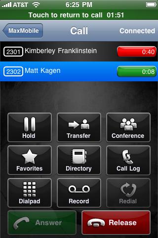 When multiple calls are being handled they are all displayed. Tap a button to perform any available call handling function: Hold, Transfer, and so on.