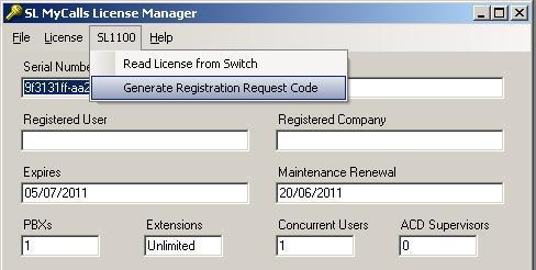 Registration After the license has been read from the SL1100, you should select 'Generate Registration Request File'