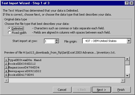 Page 12 - Excel 2003 - Advanced Level Manual Click Open to display the Text Import Wizard - Step 1 of 3 dialog box: Excel will analyze the selected text file, and determine the file's data type, and