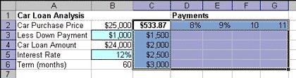 In the following example, you will find the effects the Down Payment and the interest rate have on the monthly Payments. Begin by designing the Worksheet with your initial input values.