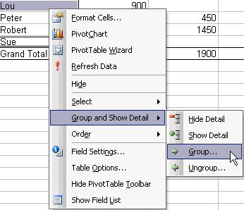 Page 50 - Excel 2003 - Advanced Level Manual Grouping data within Pivot Tables Following on from the previous example, let's say that Lou and Sue are working together as a team, and we want to group