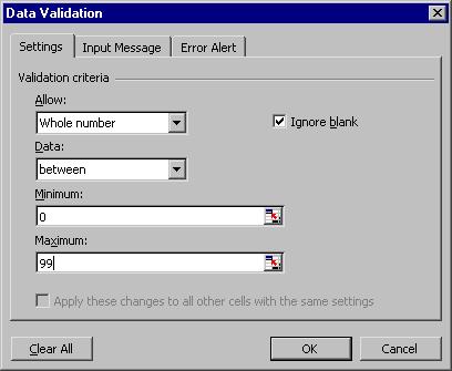 Page 70 - Excel 2003 - Advanced Level Manual From the main menu, choose Data > Validation to display the Data Validation dialog box. Click on the Settings tab.