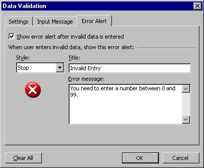 Page 72 - Excel 2003 - Advanced Level Manual From the Style dropdown list, select the style of Error Alert message you want: Stop, Warning, or Information.