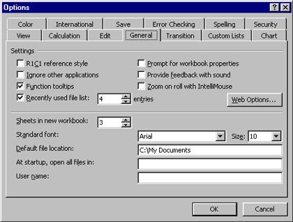 Page 79 - Excel 2003 - Advanced Level Manual Customizing General Options From the main menu, choose Tools > Options to display the