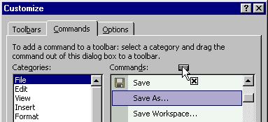 By default, the new toolbar is displayed: Position the Customize dialog box so that you can see the new toolbar. In the Customize dialog box, click on the Commands tab.