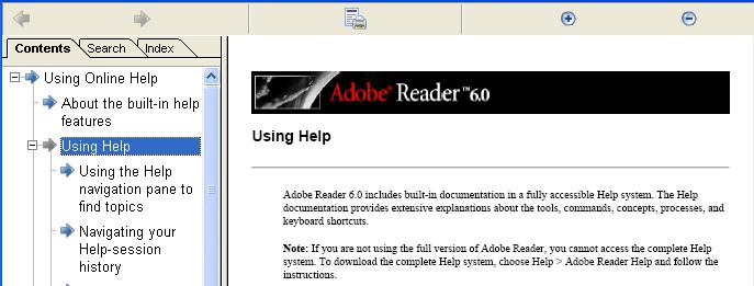 Using Online Help Using Help Contents Index Back 2 Adobe Reader 6.0 Help opens in a separate window with two panes: a navigation pane on the left and a topic pane on the right.