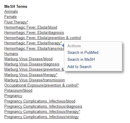 When you click on a MeSH Term in the list an action box will appear with the options to