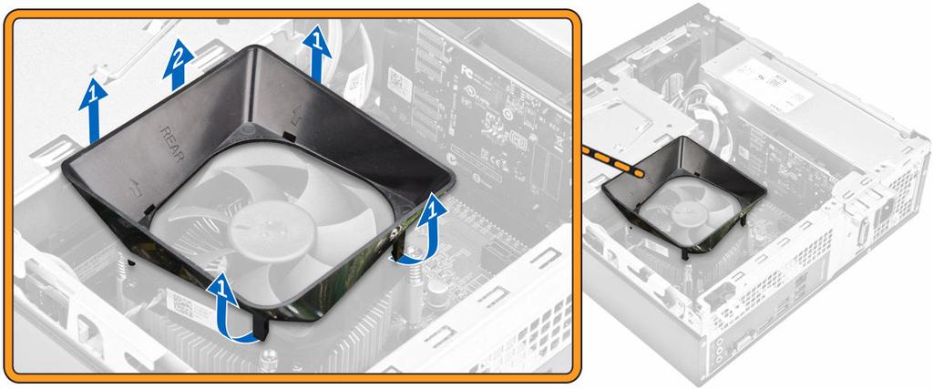 Installing the heat sink fan cover 1. Align the tabs on the fan cover with the slots on the heat sink. 2. Lower the fan cover onto the heat sink until it is firmly seated. 3. Install the cover. 4.