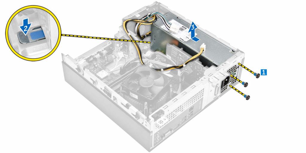 Disconnect the PSU cables from the connectors on the system board [1, 2]. b. Unroute the PSU cables from the holder [3,4]. 4.