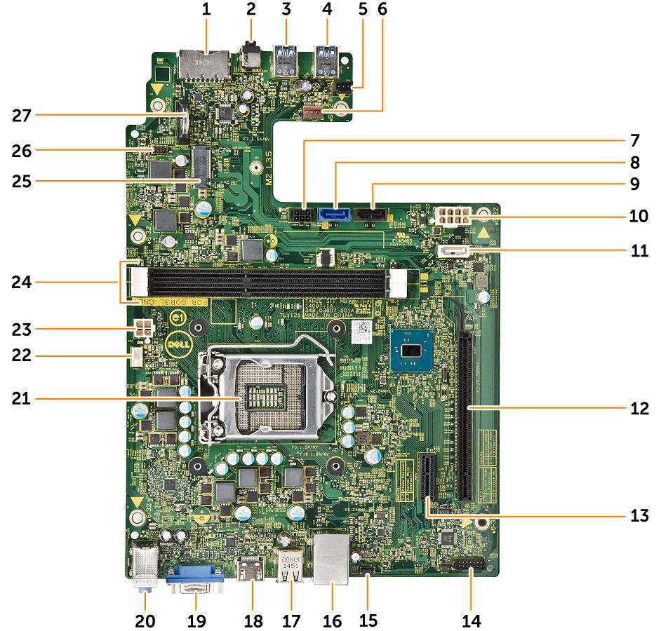 System Board Layout 1. SD card connector 2. Headset jack 3. USB 3.0 connector 4. USB 3.0 connector 5. Light Bar connector 6. System FAN connector 7. SATA power connector 8. SATA connector 9.