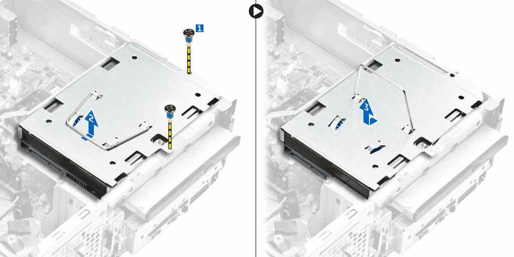 5. Follow the steps to remove hard-drive bracket: a. Remove the screws that secure the hard drive to the bracket [1]. b. Slide the hard-drive from the bracket [2].