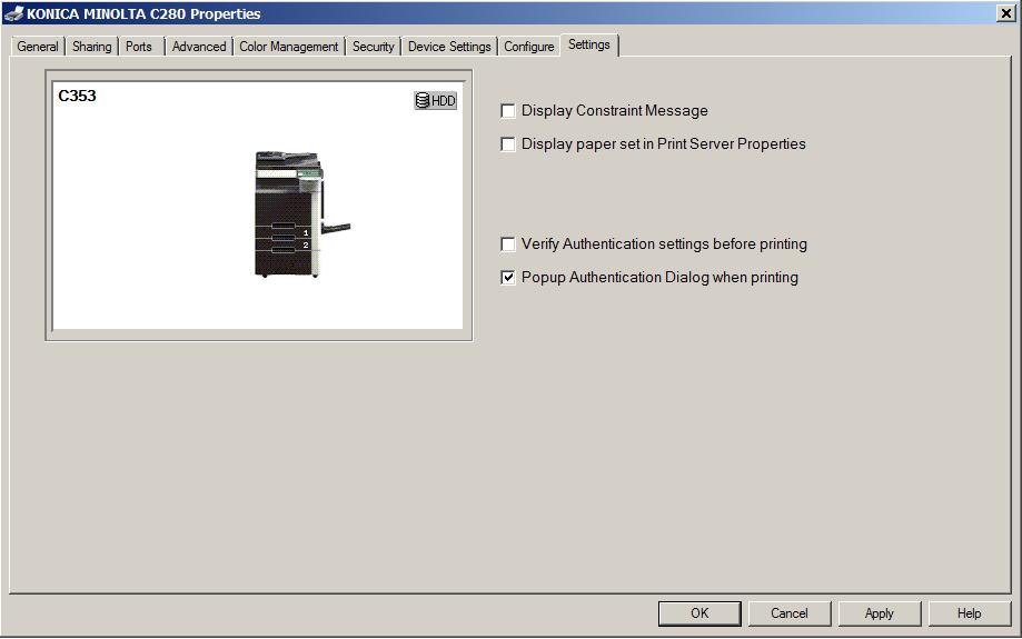 6 Open the Settings tab and select the Popup Authentication Dialog when printing checkbox, and click OK.