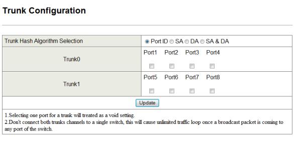 Trunk Configuration Page Path: Trunk Configuration Page Port Counter > Port Counter The Trunk Configuration page lets you configure up to two port trunks on the switch.