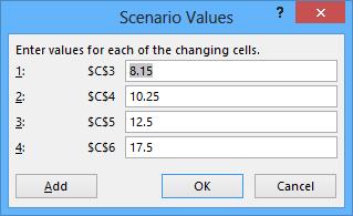 Clicking the Add button displays the Add Scenario dialog box. From within this dialog box, you can name the scenario and identify the cells for which you want to define alternative values.