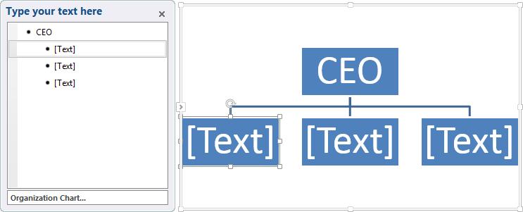 6 Click the leftmost shape on the second level of the organization chart, and then enter COO. 7 Click the middle shape on the second level of the organization chart, and then enter CIO.
