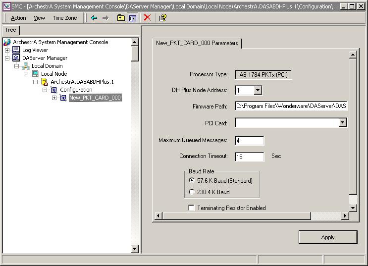 24 Chapter 2 The New_PKT_CARD_000 Parameters configuration view has eight elements, seven of which are configurable. Processor Type: The information is provided automatically by the DAServer Manager.