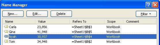 Excel 2007 Intermediate - Page 15 Select the name you wish to delete, in this case Nyah and then click