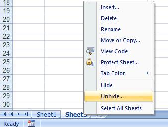 Excel 2007 Intermediate - Page 34 To unhide the worksheet, right click on one of the worksheet tabs and