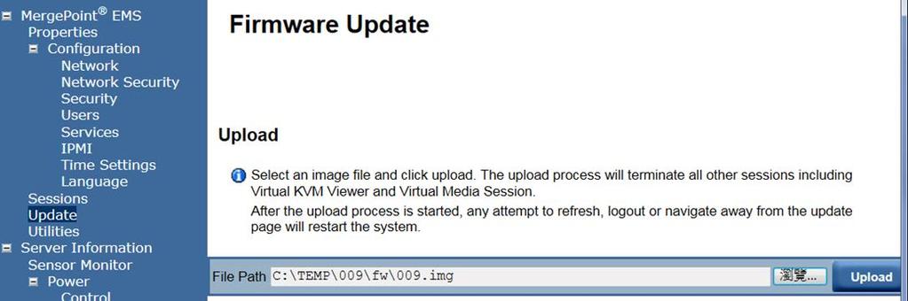 3-13. BMC firmware update, choose the correct.img file then click upload to flash BMC.