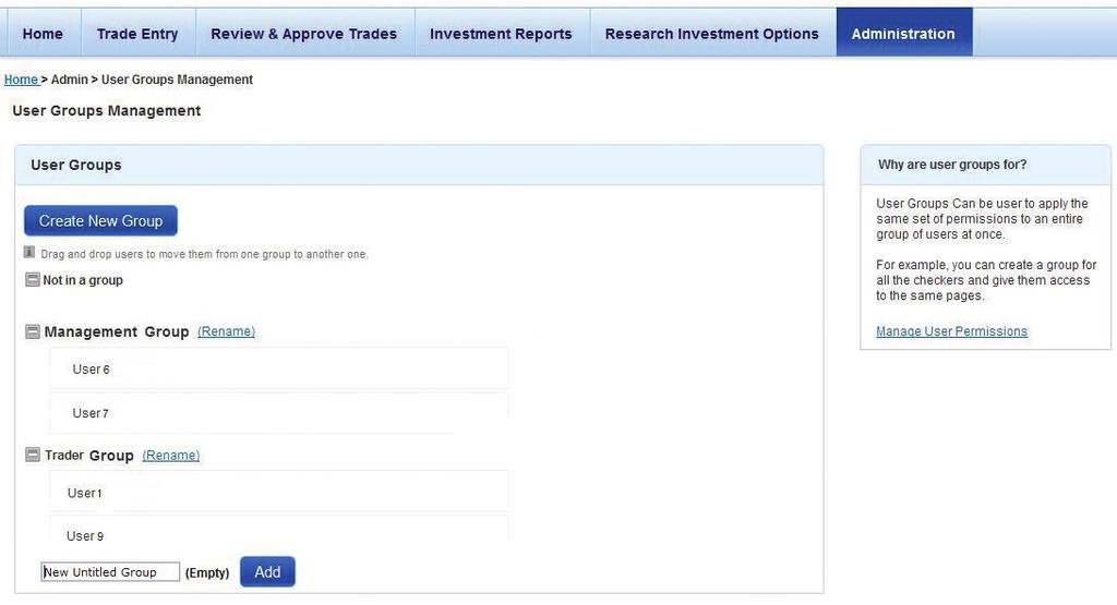 Citi Online Investments Getting Started Online Investments Setup Creating User Groups for User Menu Entitlements The User Groups Management page allows you to create groups to which to assign users