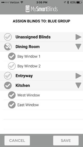 To select a group to edit or add blinds to, tap the left and right arrows. Once the desired group is selected, select EDIT GROUP. 7. Select the blinds you d like to assign to the selected color group.