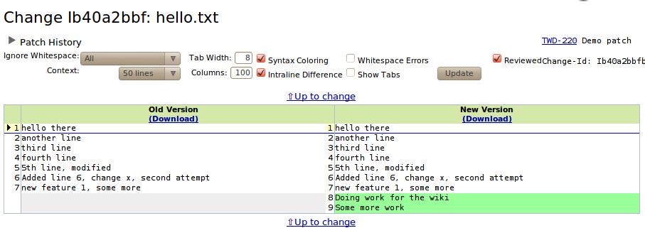Adding reviewers cause email to be sent to them, inviting them to review the change. Reviewers can view the changes by clicking on files, e.g. on "hello.txt" in this case.