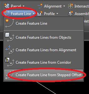 Use command OFFSETFEATURE to use this option or on home tab, create design category under ribbon click on feature line drop arrow, and select create feature lines from stepped