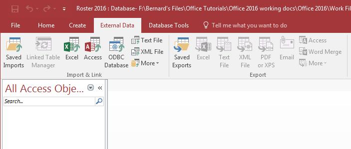 Lesson 6: Introduction to the Access Database Now, in the External Data Ribbon > Import & Link group click on the Access icon (Fig. 6.31) in order to import an existing Access database table, form, or report Fig.