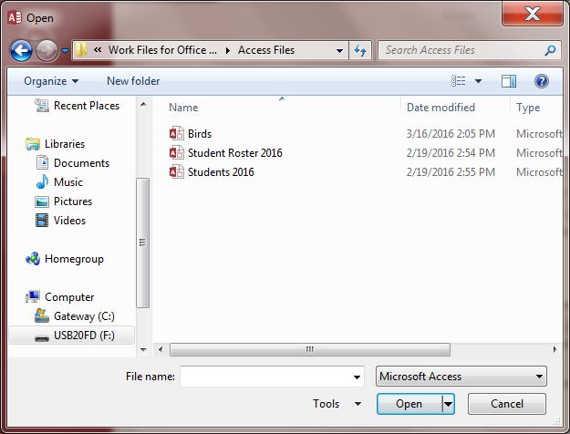 In the Open window, click on Browse to bring up the Open dialog box On your USB flash drive navigate to the Work Files for Office 2016 > Access Files folder The database document named Birds is