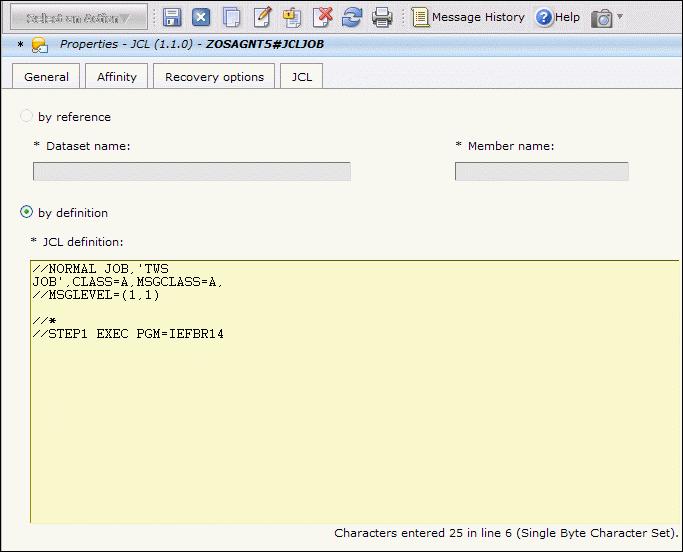 Figure 3. The General page of a new agent for z/os definition 5. Under the JCL tab, select the by definition button and write the JCL statement in the JCL definition box.